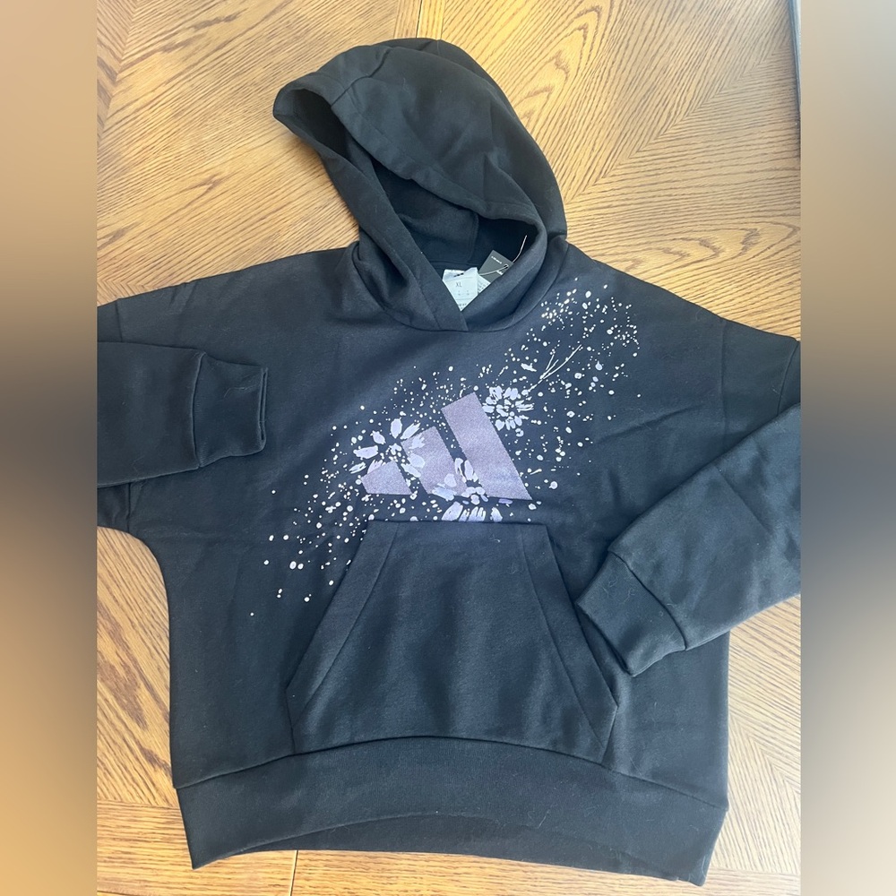 Adidas Black Hoodie with Purple Floral Design youth xl
